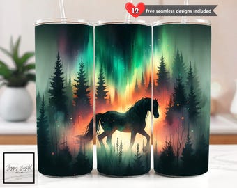 Dark Horse Tumbler Wrap PNG, Nature Forest 20 oz Skinny Tumbler Sublimation Design Wild Horse Digital Download PNG