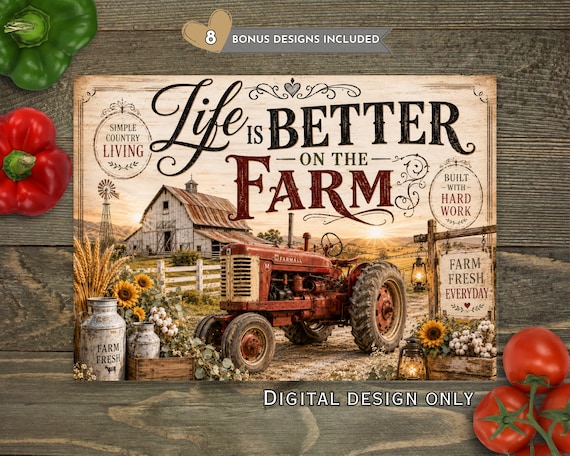 Life Is Better On The Farm Cutting Board PNG, Rustic Farmhouse Kitchen Cutting Board Sublimation Design Download, Vintage Farm Kitchen