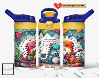 Dinosaur Rock n&#39; Roar Kids Tumbler Sublimation Design, DIGITAL, Dino Kids Water Bottle Flip Top Sippy Cup Wrap PNG Cute T-Rex Tumbler Wrap