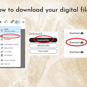 Puede incluir: Un gr&aacute;fico instructivo titulado How to download your digital files. Muestra tres paneles de interfaz blancos con c&iacute;rculos rojos que resaltan el enlace Purchases and reviews, el bot&oacute;n Download files y el bot&oacute;n Download.