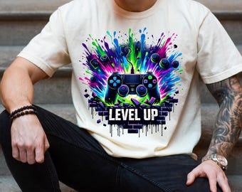 Maglietta PNG Level Up Gamer Design a sublimazione Download digitale PNG SOLO DIGITALE istantaneo, Design alla moda, Design per maglietta PNG con controller di gioco