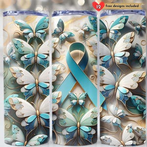Ovarian Cancer Awareness 20 oz Skinny Tumbler Sublimation Teal Ribbon Tumbler, Seamless Design Digital Download PNG Cancer Tumbler Wrap