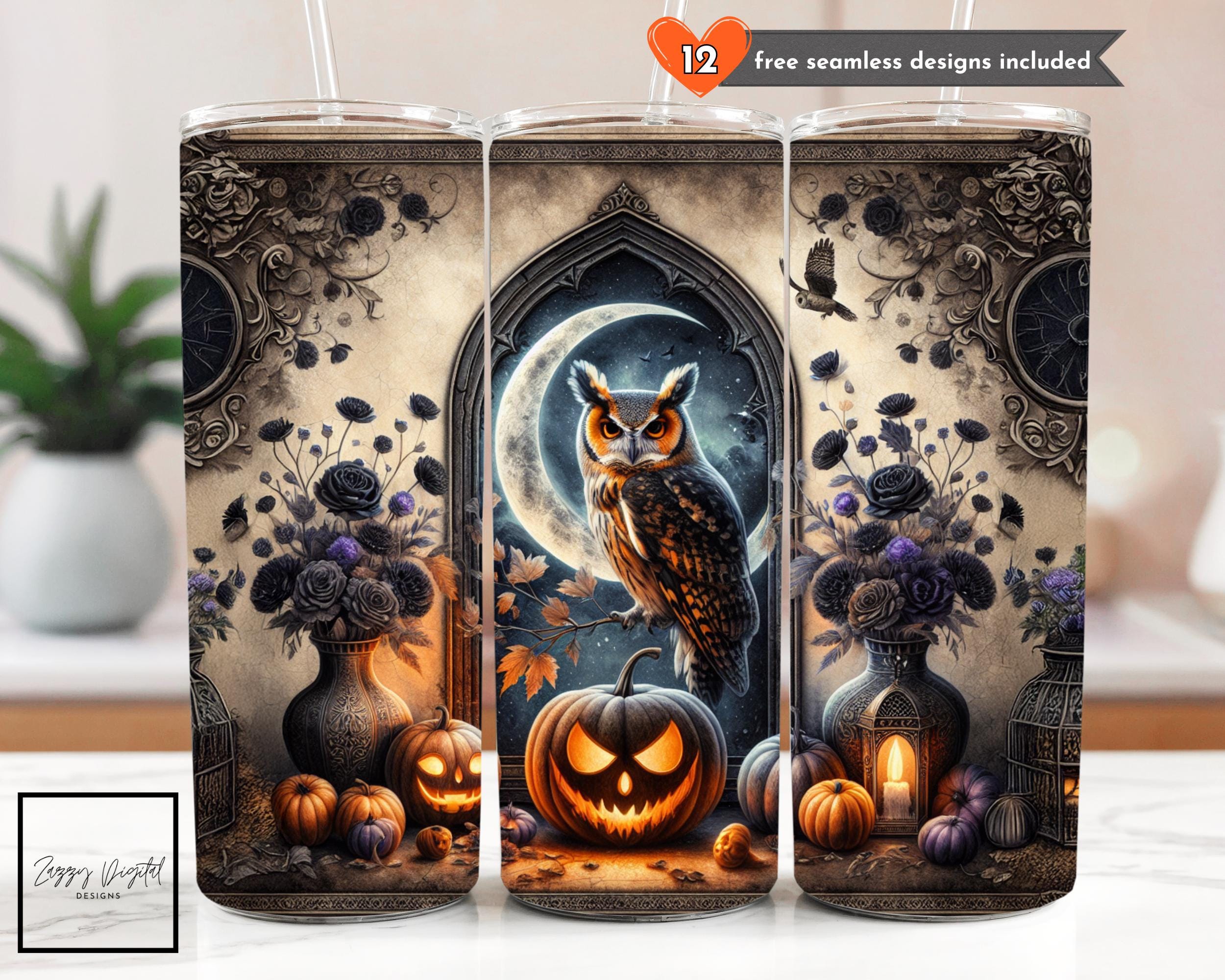 Halloween Spooky Owl Tumbler Wrap, Fall Pumpkin 20 oz Skinny Tumbler Creepy Animal Sublimation Desig
