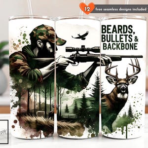 Beards Bullets & Backbone Camo Hunting Tumbler Wrap, Rustic Deer Hunting 20 oz Skinny Tumbler Sublimation Design Digital Download PNG