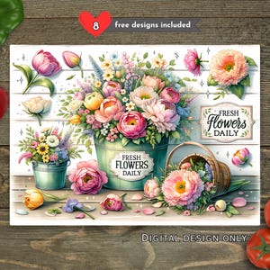 Puede incluir: Un diseño digital con una ilustración de acuarela de flores frescas en un cubo de metal y una cesta. El diseño incluye el texto "Fresh Flowers Daily" y las palabras "Digital Design Only". La imagen tiene un fondo de madera.