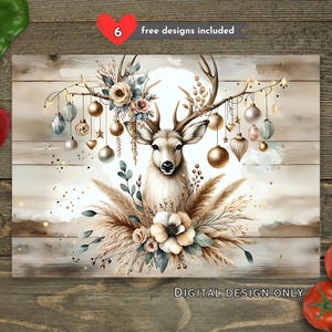 Könnte beinhalten: Aquarell-Illustration eines Hirsches mit Geweih, verziert mit Ornamenten und Blumen. Das Bild enthält den Text "6 free designs included" und "DIGITAL DESIGN ONLY" auf einem Holzgrund. Der Hirsch ist von Pampasgras und Blumengestecken umgeben.