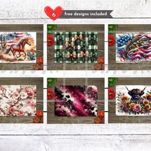 May include: A collection of six designs, each framed on a wooden background. The designs include a horse in a desert landscape, a plaid pattern with bows, a fish with an American flag, floral patterns, a skull design, and a highland cow with flowers.