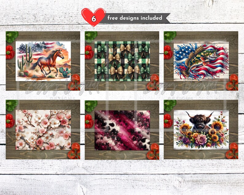 May include: A collection of six designs, each framed on a wooden background. The designs include a horse in a desert landscape, a plaid pattern with bows, a fish with an American flag, floral patterns, a skull design, and a highland cow with flowers.