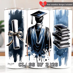 Tumbler Wrap PNG per la classe del 2026, Tumbler Skinny da 20 oz per laureati in blu navy, design a sublimazione, download digitale, Tumbler Wrap senza cuciture per laureati