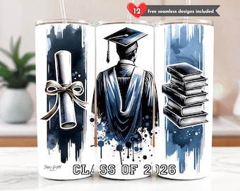 Class of 2026 Tumbler Wrap PNG, Navy Graduation Senior 20 oz Skinny Tumbler Sublimation Design  Digital Download, Seamless Grad Wrap
