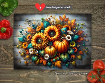 May include: A digital design featuring a vibrant autumn still life. Sunflowers, pumpkins, and fall foliage are arranged on a wooden background. The image includes the text "free designs included" and "DIGITAL DESIGN ONLY".