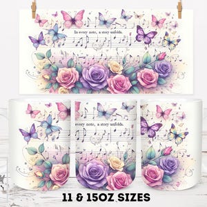 11 and 15oz Mug Design PNG, Floral Music Sublimation Design, Watercolor Musical Notes Digital Download File, Full Wrap Design Coffee for Mug
