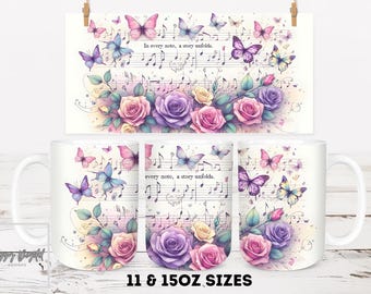 11 and 15oz Mug Design PNG, Floral Music Sublimation Design, Watercolor Musical Notes Digital Download File, Full Wrap Design Coffee for Mug