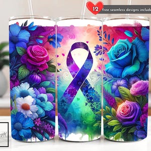 Pancreatic Cancer Tumbler Wrap, Cancer Awareness 20 oz Skinny for Sublimation, Purple Ribbon Tumbler PNG Design DIGITAL File Download