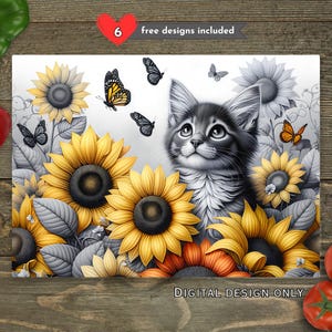 Kitten Sunflowers Sublimation Cutting Board Design Download, Cat Cutting Board PNG, Farm Cutting Board File Digital Design Download