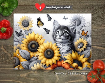 Kitten Sunflowers Sublimation Cutting Board Design Download, Cat Cutting Board PNG, Farm Cutting Board File Digital Design Download