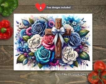 Faith Over Fear Sublimation Cutting Board Design Download, Christian Cutting Board PNG, Inspirational Floral Cutting Board File DIGITAL ONLY