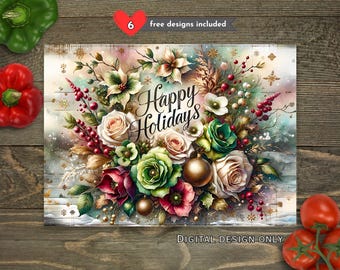 Happy Holidays Floral Kitchen Glass Cutting Board PNG, Christmas Kitchen Sublimation Cutting Board Design, Cutting Board PNG Download