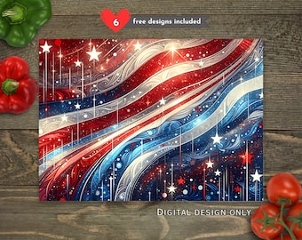 Descarga de diseño de tabla de cortar con sublimación de remolino de purpurina patriótica, tabla de cortar PNG de EE. UU., archivo de diseño digital de tabla de cortar