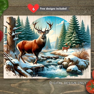 Puede incluir: Un diseño digital que presenta un ciervo majestuoso en un paisaje invernal. La obra de arte muestra un ciervo marrón con grandes astas cerca de un río nevado, rodeado de árboles de hoja perenne y montañas. El texto dice "DIGITAL DESIGN ONLY".