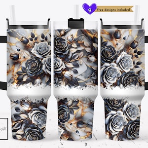 3D Roses 40oz Tumbler Wrap, PNG Tumbler Design Sublimation Designs Downloads, Black and White Floral Sublimation Tumbler with Handle Wrap