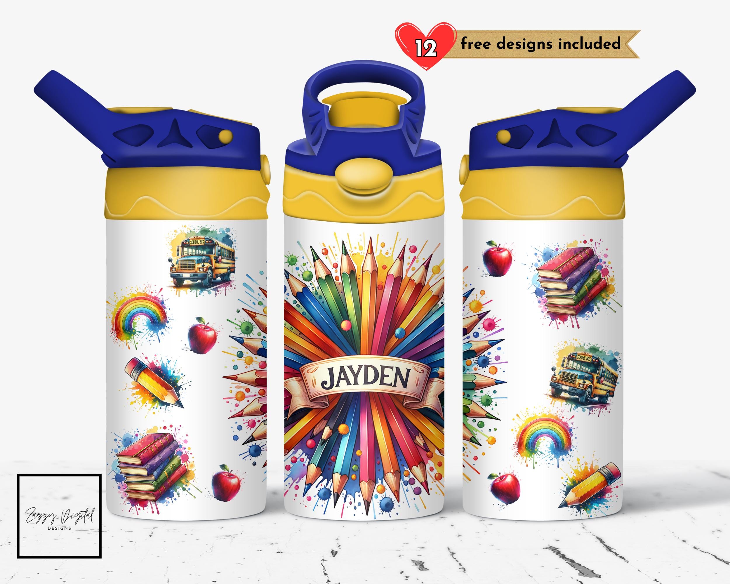 Custom Name Back To School 12 oz Tumbler Wrap, Children's Sublimation, Kids Tumbler Wrap Design PNG, Sippy Cup Flip Top Digital Download