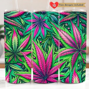 May include: Three stainless steel tumblers with a vibrant green and pink leafy design. The design features large, stylized leaves with a pink and green color scheme. The tumblers are perfect for holding beverages.