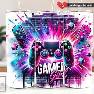 Seamless Gamer Girl Tumbler Wrap Design, 20 oz Skinny Tumbler Sublimation Game Controller PNG Design Digital Download Instant DIGITAL ONLY