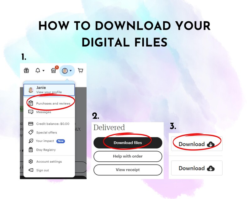 May include: A screenshot showing how to download digital files. The steps include navigating to "Purchases and reviews", clicking "Download files", and then clicking the "Download" button. The text "HOW TO DOWNLOAD YOUR DIGITAL FILES" is at the top.