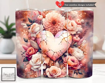 Heart Tumbler Wrap PNG, Pink Floral Heart Valentine 20 oz Skinny Tumbler Sublimation Design, Valentine’s Day Tumbler, Digital Download