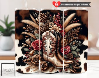 Cowgirl Boots Christmas Tumbler Wrap, Western Floral Cowhide 20 oz Skinny Tumbler Sublimation Design Rustic Holiday Digital Download PNG
