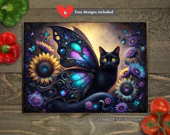 Magical Black Cat Sublimation Cutting Board Design Download, Black Cat Cutting Board PNG, Butterfly Cutting Board Digital Design Download
