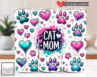 Nahtlose Cat Mom Tumbler Wrap, 20 Unzen Skinny Tumbler Katze Sublimation Cat Paws Design DIGITAL Download Niedlicher Katzenliebhaber PNG Instant, Tumbler Wrap