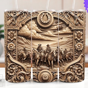 May include: A set of three stainless steel tumblers with a brown and gold design featuring a cowboy riding a horse, a horseshoe, and ornate floral details. The tumblers are perfect for keeping drinks cold or hot.