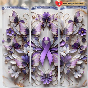 Pancreatic Cancer Awareness 20 oz Skinny Tumbler Sublimation Purple Ribbon Tumbler Seamless Design Digital Download PNG Cancer Tumbler Wrap