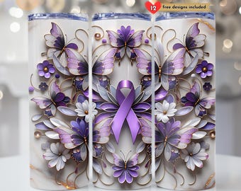 Bauchspeicheldrüsenkrebs Bewusstsein 20 Unzen Skinny Tumbler Sublimation Lila Band Becher Nahtlose Design Digitaler Download PNG Krebs Tumbler Wrap