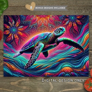 May include: A vibrant digital design featuring a sea turtle swimming through colorful, swirling water. The turtle is depicted in shades of blue, green, and purple, with a bright, glowing aura. The background is filled with intricate floral patterns and the text "DIGITAL DESIGN ONLY".