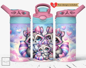 Cute Raccoons 12 oz Tumbler Wrap, Pastel Girl Aesthetic Sublimation PNG, Kids Straight Tumbler Design, Sippy Cup Flip Top Digital Download