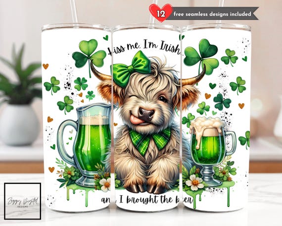 Kiss Me I’m Irish Highland Cow Tumbler Wrap PNG, St Patrick’s Day Funny Irish 20 oz Skinny Tumbler Sublimation Design Digital Download