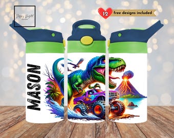 Custom Dinosaur Monster Truck 12 oz Tumbler Wrap, T-Rex Sublimation PNG, Kids Straight Tumbler Design, Sippy Cup Flip Top Digital Download