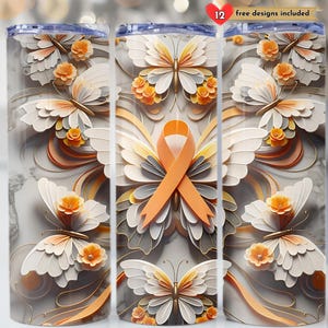 Leukemia Awareness Ribbon 20 oz Skinny Tumbler Sublimation Cancer Tumbler Seamless Design Digital Download PNG Orange Butterfly Tumbler Wrap