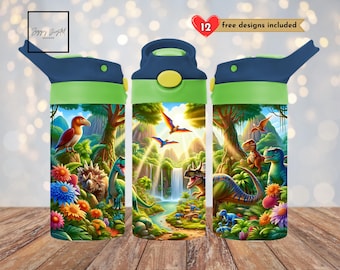 Seamless Dinosaurs 12 oz Tumbler Wrap, Sublimation Design, Childrens Dinosaur Tumbler Wrap Design PNG, Sippy Cup Flip Top Digital Download