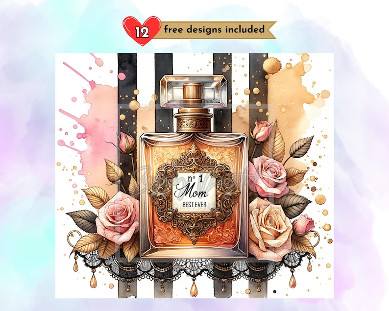 K&ouml;nnte beinhalten: Eine Aquarell-Illustration einer Parf&uuml;mflasche mit goldenem Verschluss und einem Etikett mit der Aufschrift "No. 1 Mom Best Ever". Die Flasche ist von rosa und wei&szlig;en Rosen und einer schwarzen und wei&szlig;en Spitzenborte umgeben.