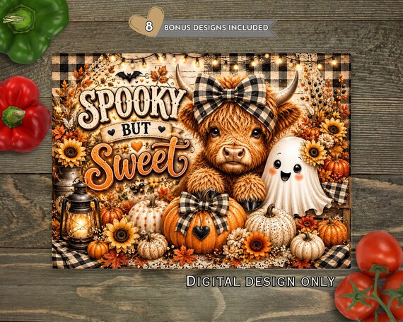 Spooky But Sweet Highland Cow Cutting Board PNG, Cute Halloween Cow Kitchen Glass Cutting Board Sublimation Design Download, Fall Kitchen