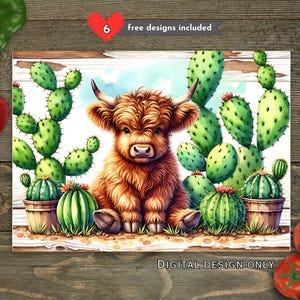 Download del design del tagliere con stampa a sublimazione di cactus Highland Cow, tagliere da cucina in stile country in formato PNG, download del design digitale del file del tagliere