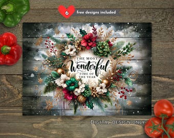 Rustic Winter Christmas Kitchen Glass Cutting Board PNG, Xmas Floral Kitchen Sublimation Cutting Board Design, Cutting Board PNG Download