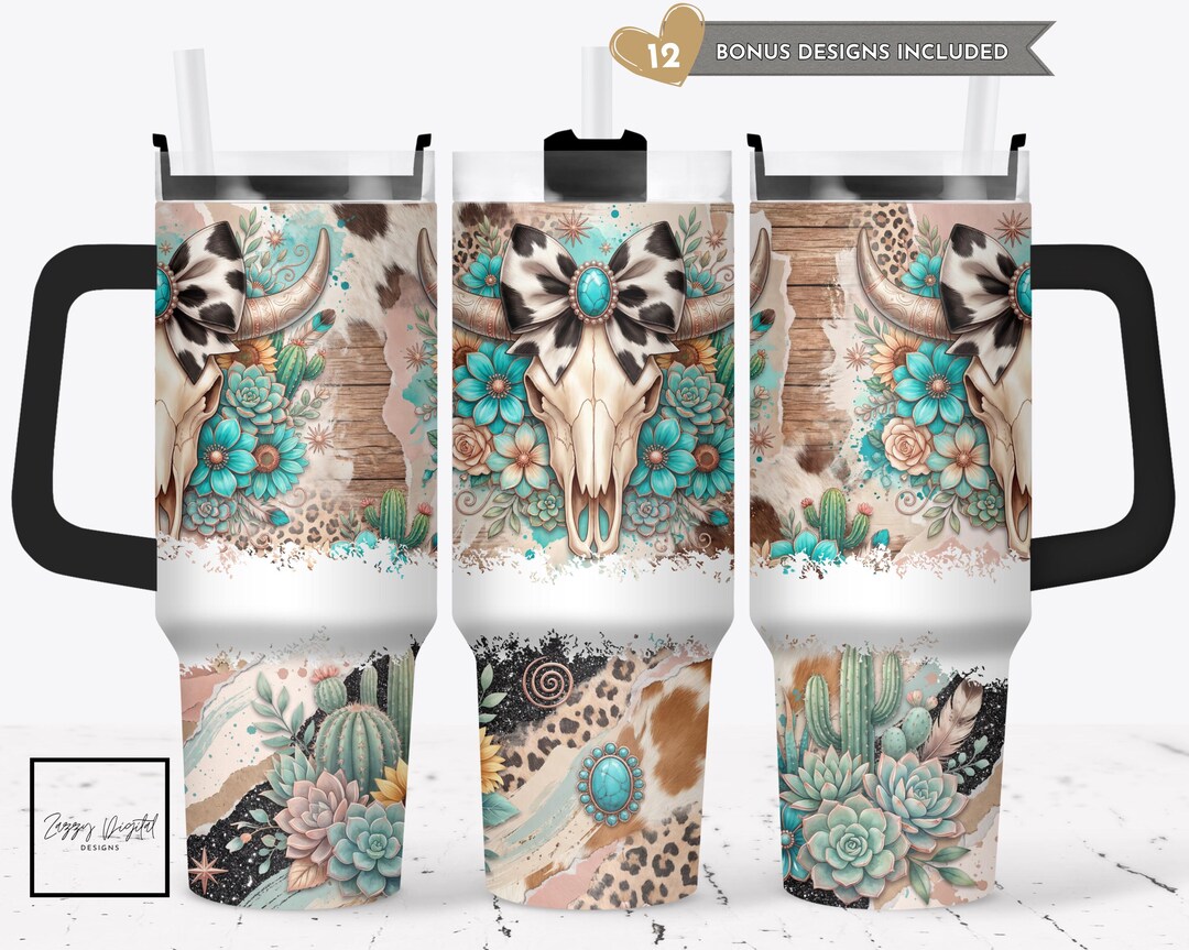 Western Turquoise Cow Skull 40 Oz Tumbler Wrap PNG, Coquette Cowhide ...