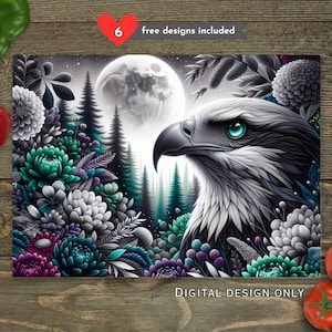 May include: Digital artwork of an eagle with teal eyes, set against a full moon and a forest. The design includes detailed floral elements in teal, purple, and white. Text reads "DIGITAL DESIGN ONLY".