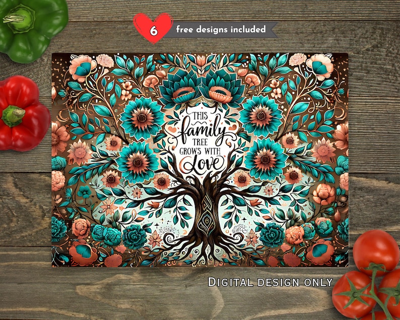 May include: A digital design featuring a family tree illustration with teal and coral flowers, and the text "This family tree grows with love." The design includes a brown tree trunk and branches, with a background of brown and gold.