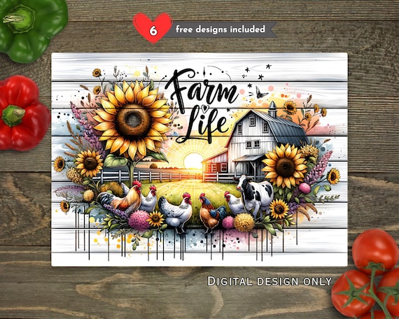Rustic Farm Life Kitchen Glass Cutting Board PNG, Sunflower Farmhouse Sublimation Board Design, Country Home PNG Digital Download